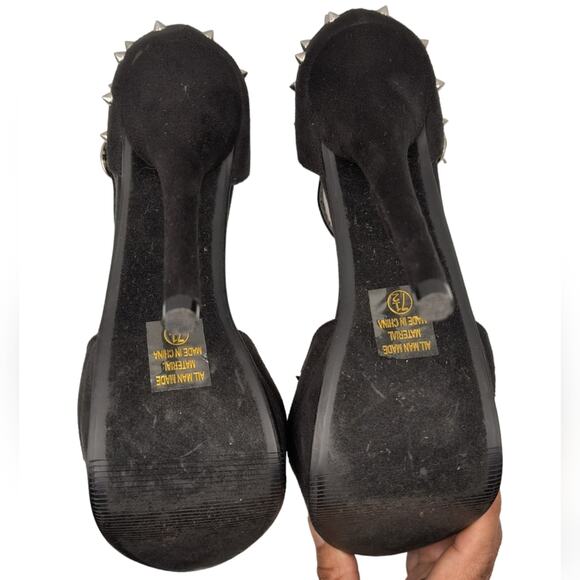 Speed Limit 98 Black Faux Suede Silver Spikes Open Toe Pump Heels 7.5 - Picture 15 of 16